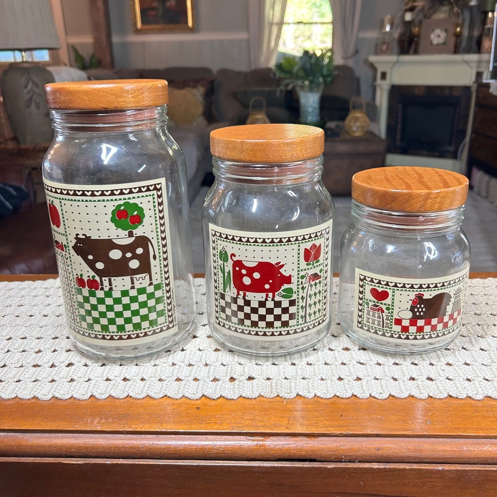 Vintage 1981 Roger Johnson Farm Animal Glass Canister Set 3 Wood Lid Cow Pig Hen